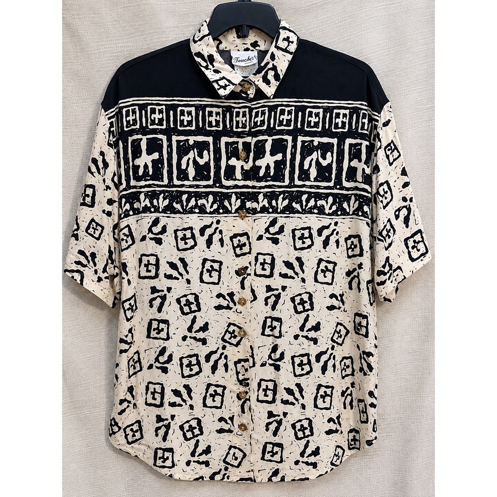 Touche LA Vintage 90s Rayon Abstract Tribal Print Button Up Shirt Black Cream L